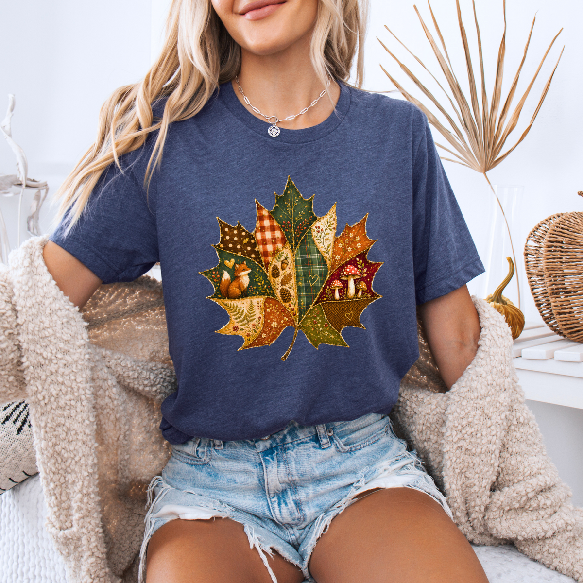 🍂🧵 Patchwork Autumn Leaf Cotton T-Shirt 🍁✨