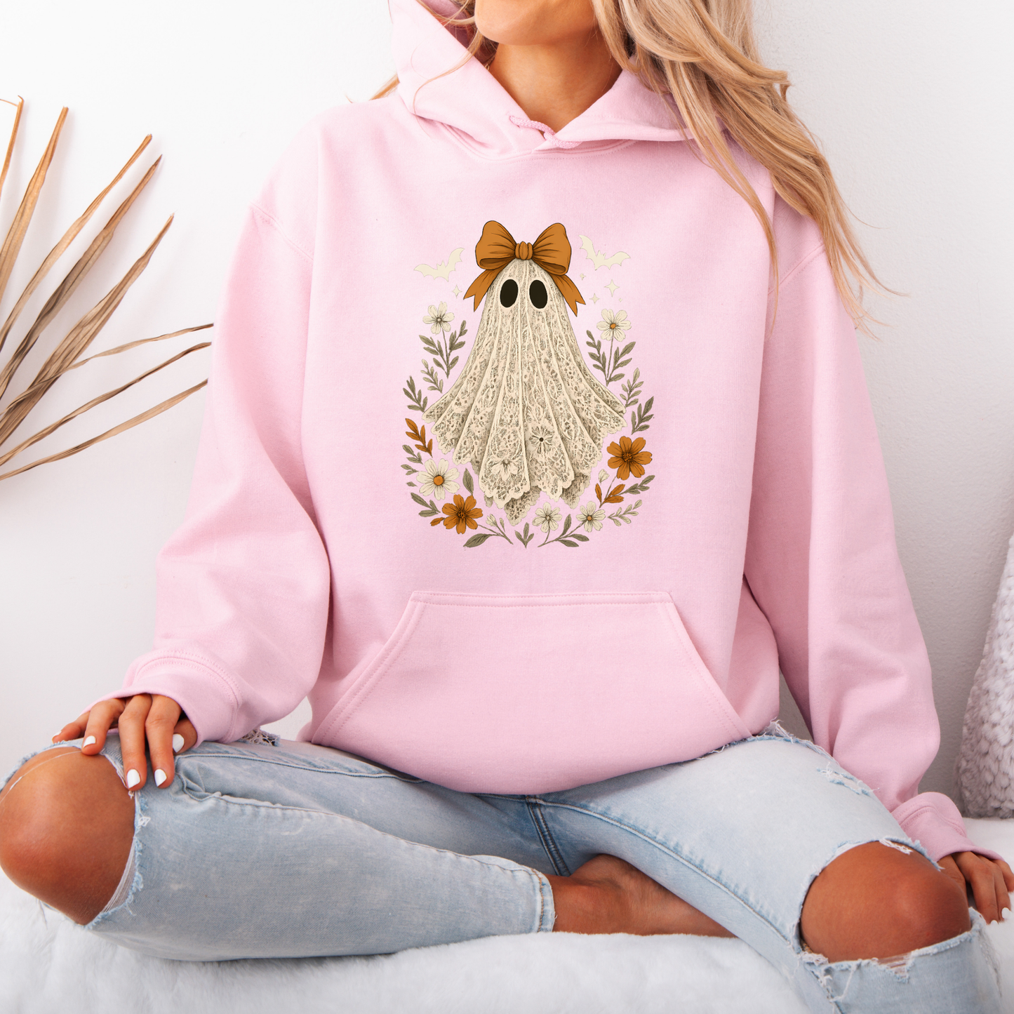 👻🎀 Vintage Lace Ghost Floral Hoodie 🌼🍂🤎