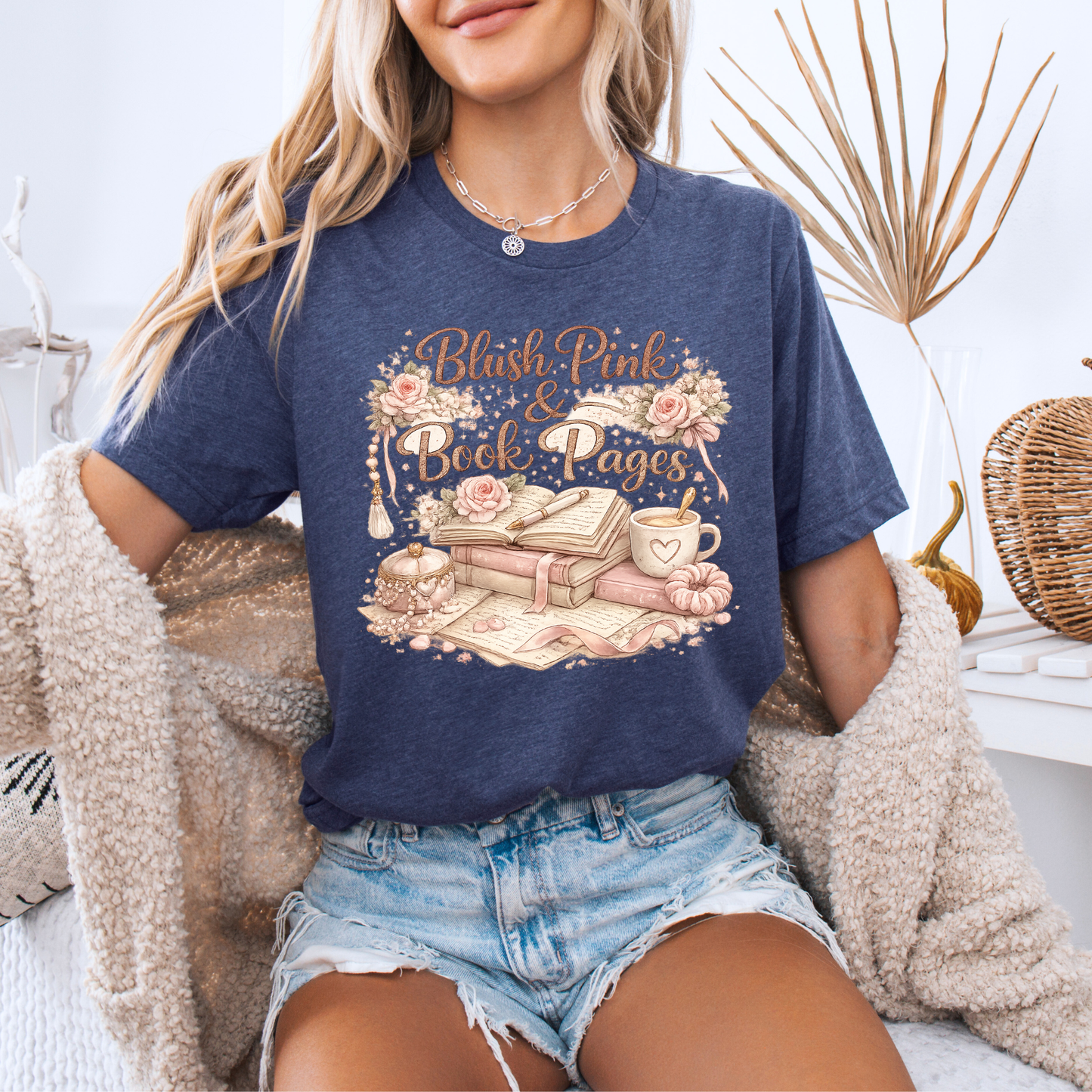 Blush Pink & Book Pages 📚🌸 t-shirt 100% Organic Cotton