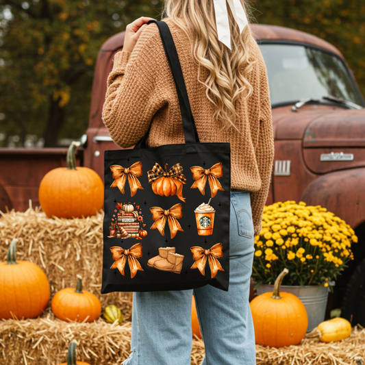 Fall Vibes Tote Bag – 100% Cotton, Eco-Friendly Autumn Bow & Pumpkin Design