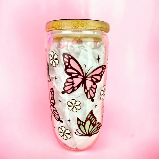 Butterfly Floral 16oz (455ml) Iced Coffee Glass Cup