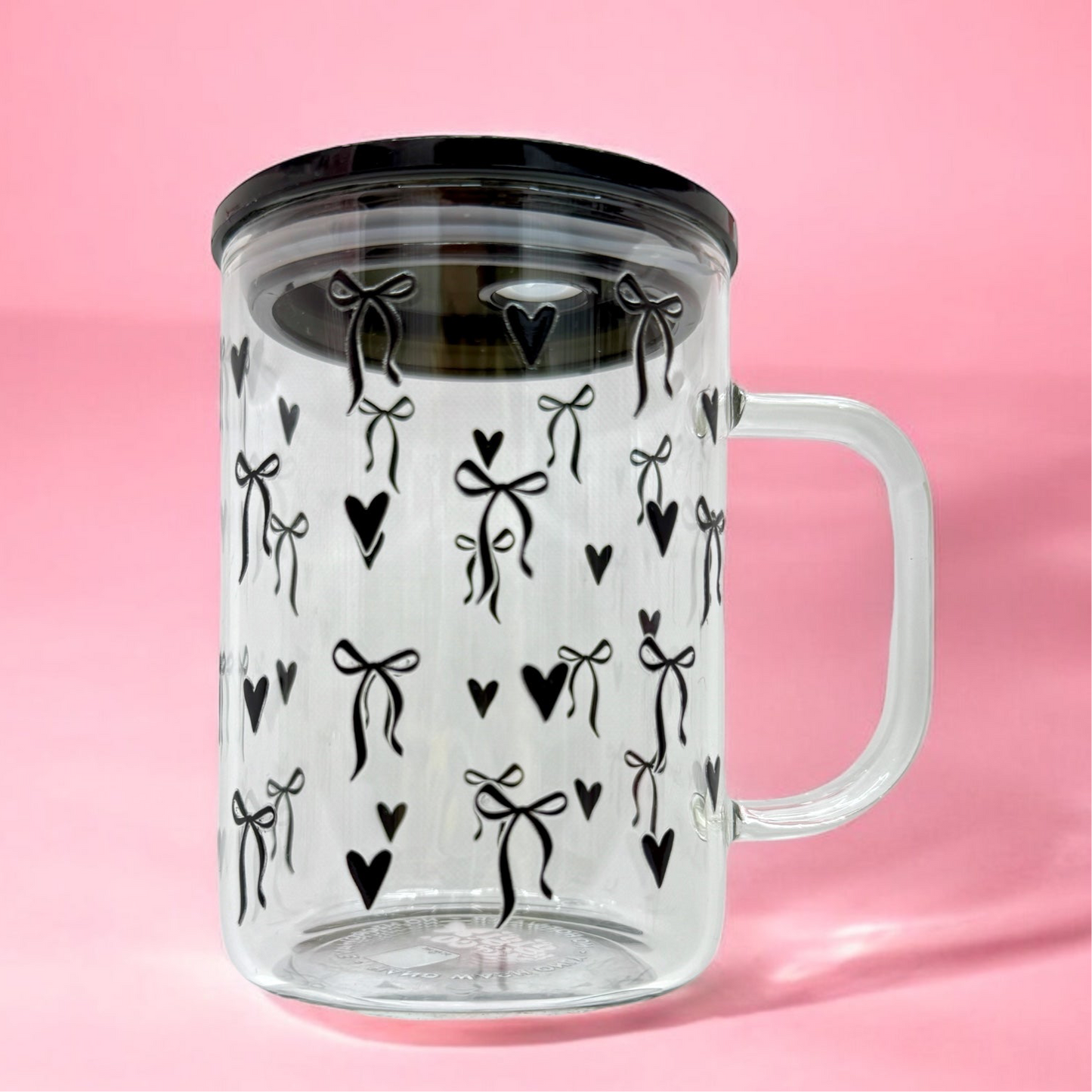Black Bow & Heart Glass Mug – 16oz with Lid & Straw 🖤🎀✨