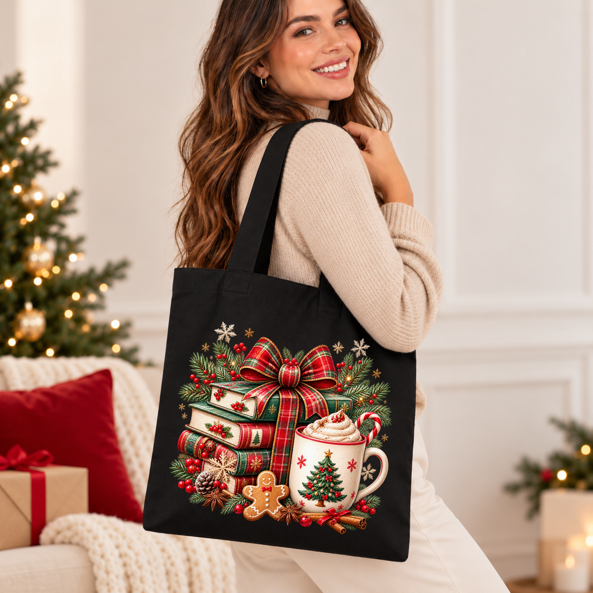 Festive Christmas Book Nook Christmas Tote Bag