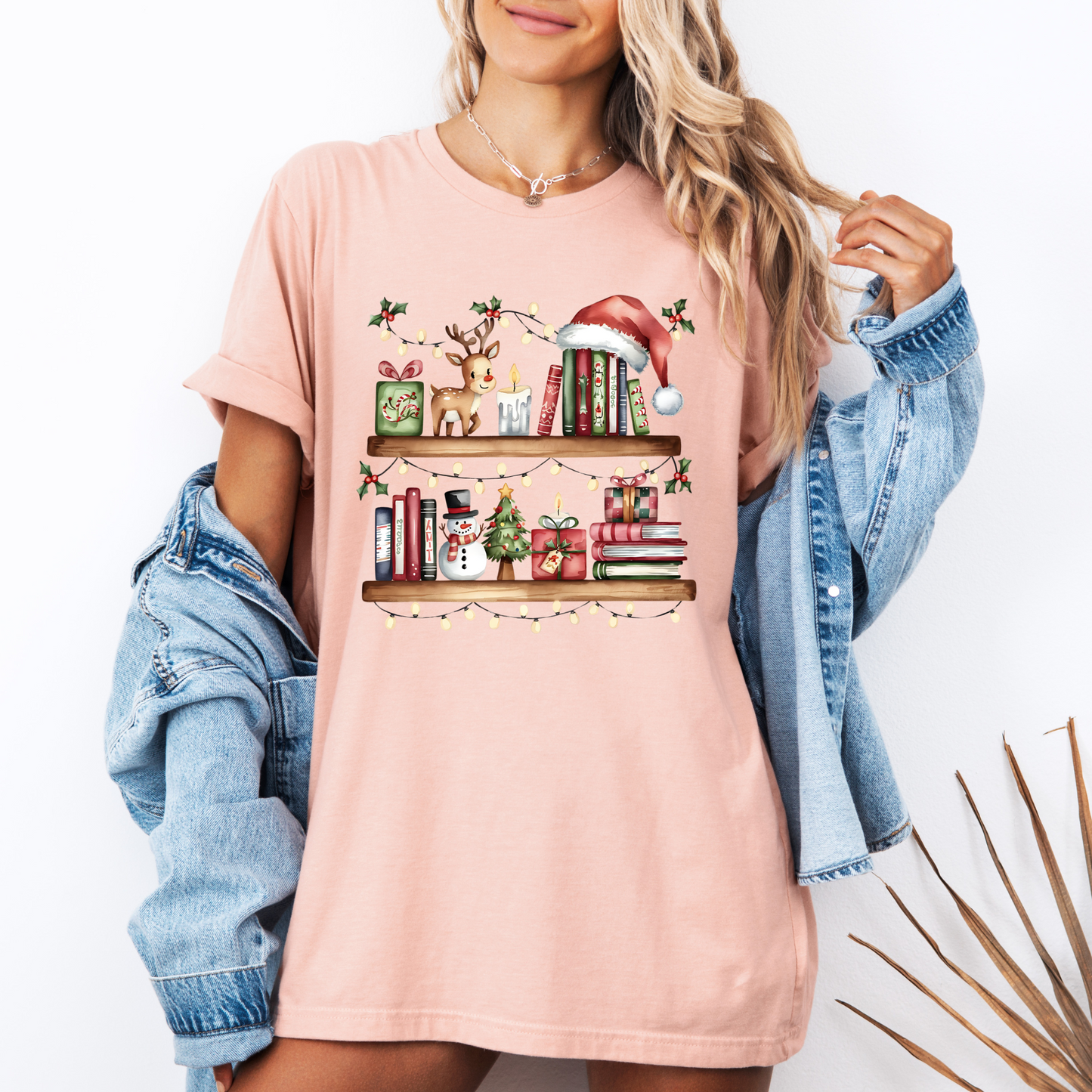 🎄 Cozy Christmas Bookshelf 100% Organic Cotton T-Shirt 📚✨