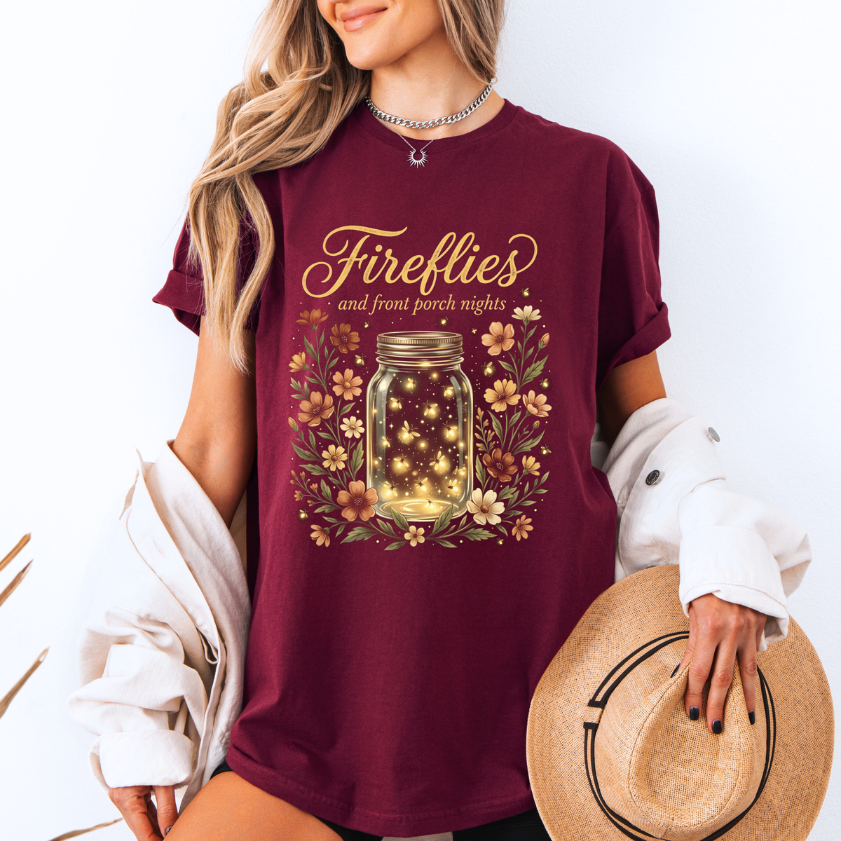 ✨🐞 Fireflies & Front Porch Nights Floral t-shirt 🌙🌼💛