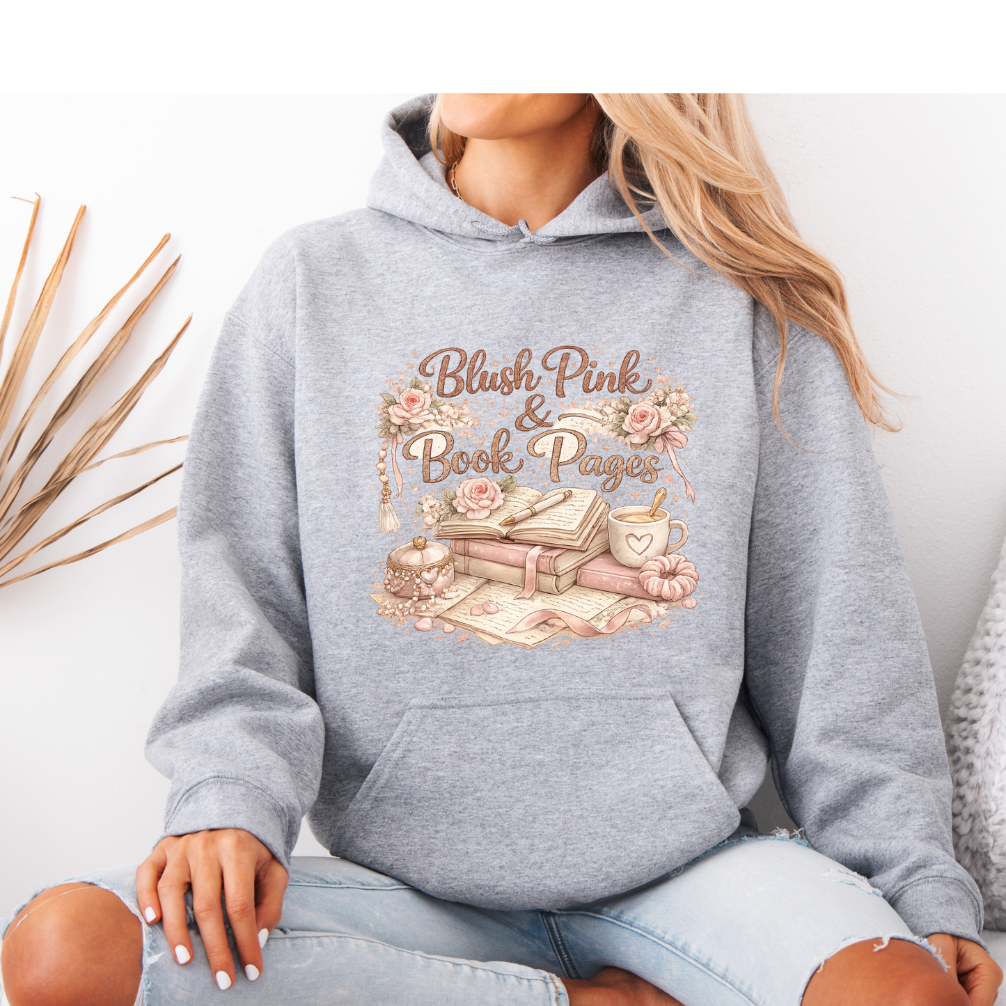 Blush Pink & Book Pages 📚🌸 Luxuriously Thick Hoodie