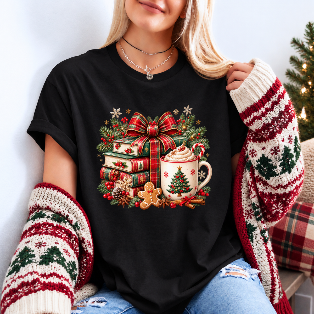 Festive Christmas Book Nook 🎄📚✨ Organic Cotton Christmas T-Shirt