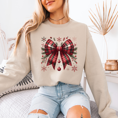 🎀 Cozy Tartan Christmas Bow 🎄🧣  Organic Cotton Sweatshirt