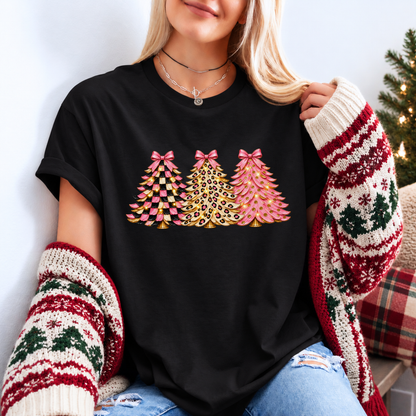 Pink, Wild & Bow-tiful Christmas Trees 🎀🎄✨ Organic Cotton Christmas T-Shirt