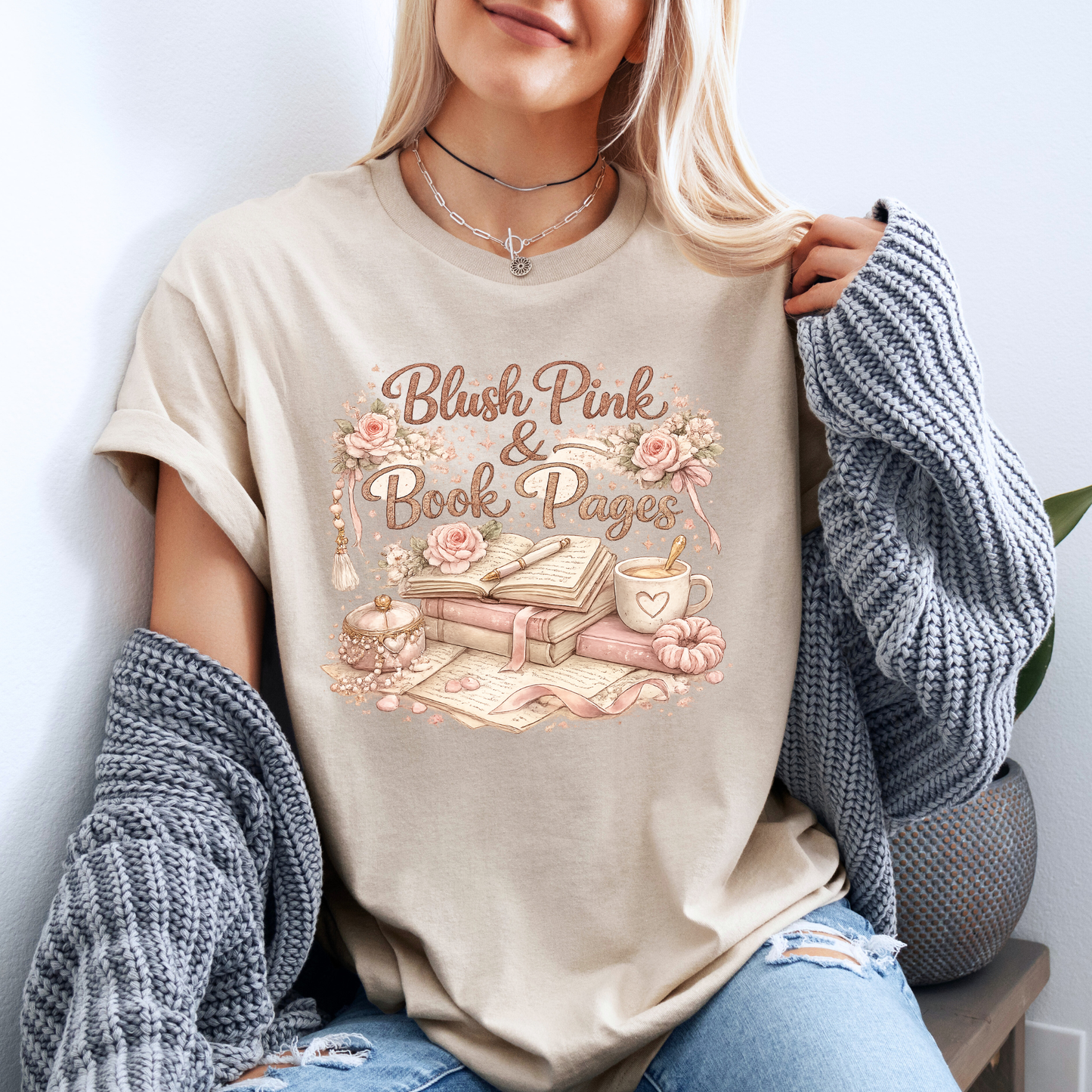 Blush Pink & Book Pages 📚🌸 t-shirt 100% Organic Cotton