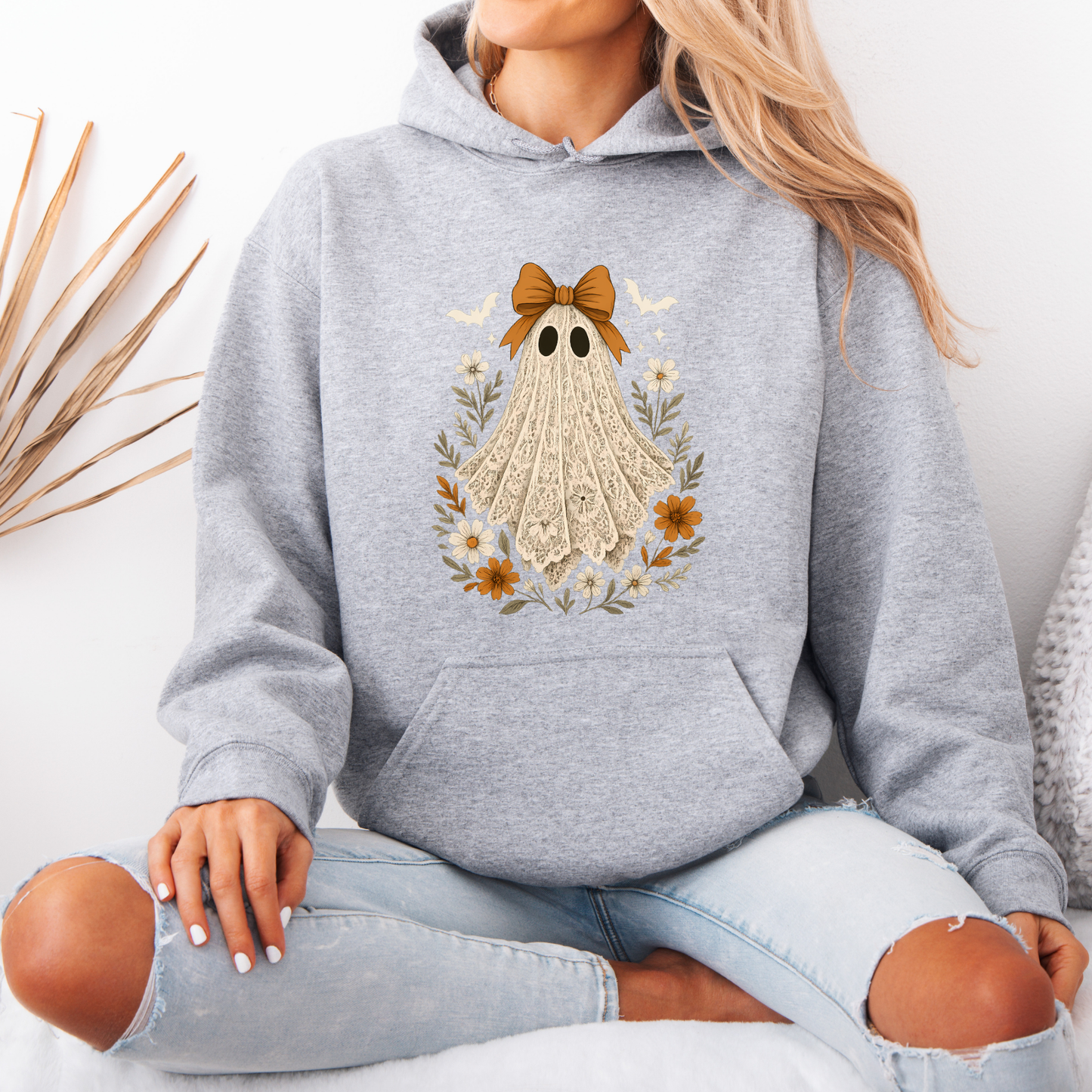 👻🎀 Vintage Lace Ghost Floral Hoodie 🌼🍂🤎