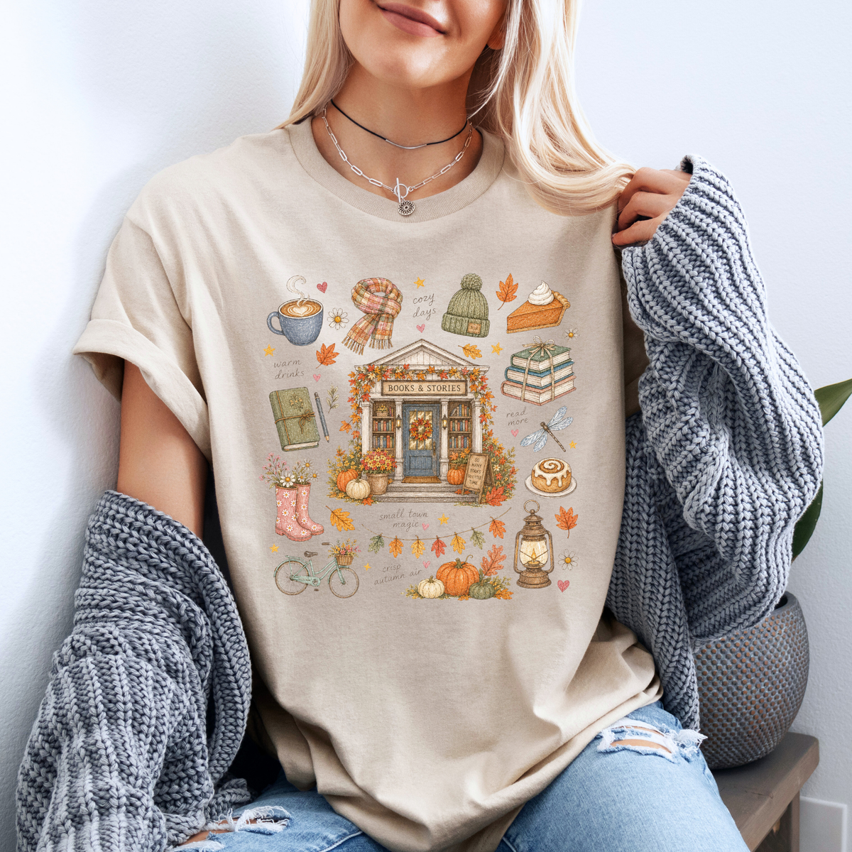 🍂📚 Autumn Bookshop Cotton T-Shirt ☕✨