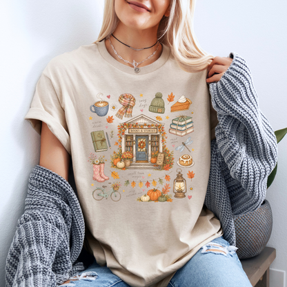 🍂📚 Autumn Bookshop Cotton T-Shirt ☕✨