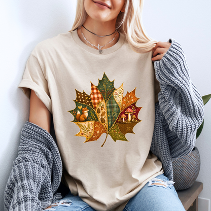 🍂🧵 Patchwork Autumn Leaf Cotton T-Shirt 🍁✨