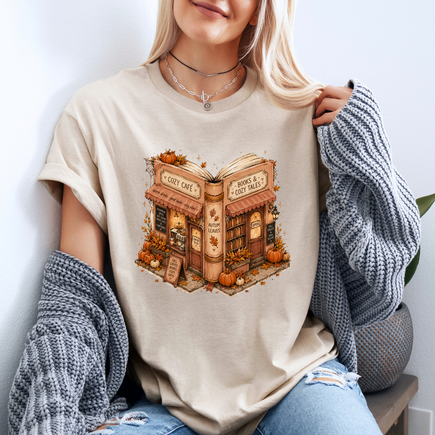 📚🍂 Cozy Café & Books Autumn T-Shirt ☕🎃