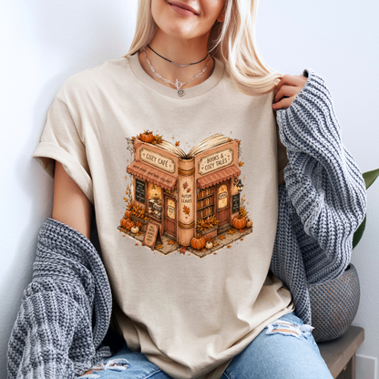 📚🍂 Cozy Café & Books Autumn T-Shirt ☕🎃