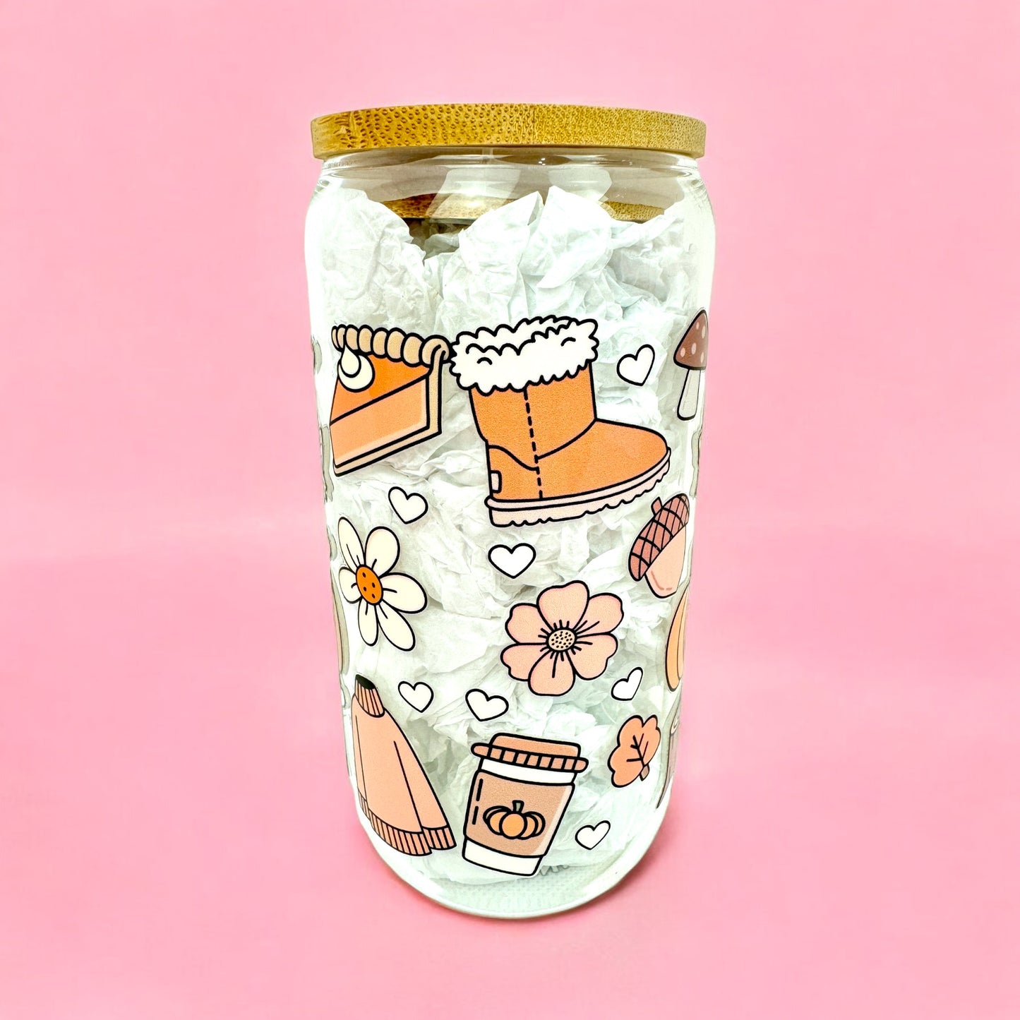 🍂 Cozy Fall Doodles – 16oz Glass Cup 🎃☕