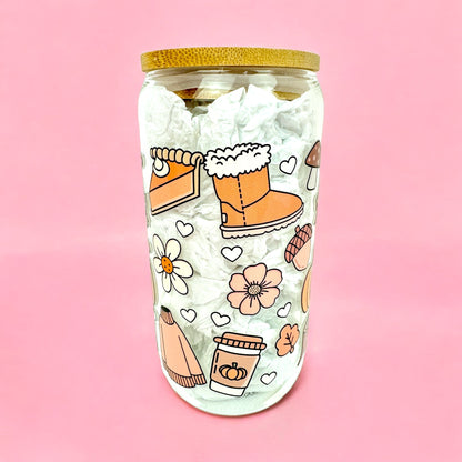 🍂 Cozy Fall Doodles – 16oz Glass Cup 🎃☕