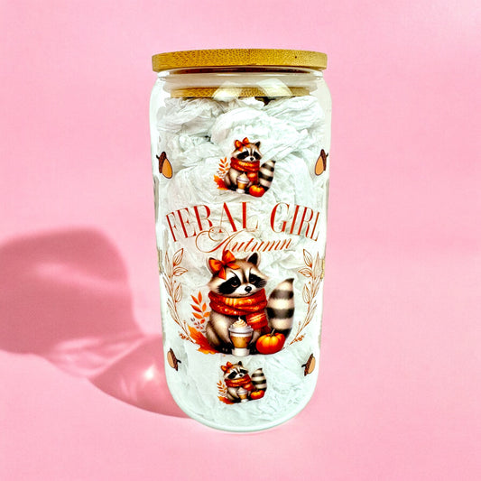 🦝 Feral Girl Autumn 16oz Glass Can with Bamboo Lid & Straw 🍂☕