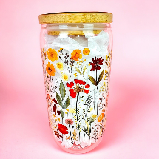 Retro Wildflowers 16oz (455ml) Iced Coffee Glass Cup