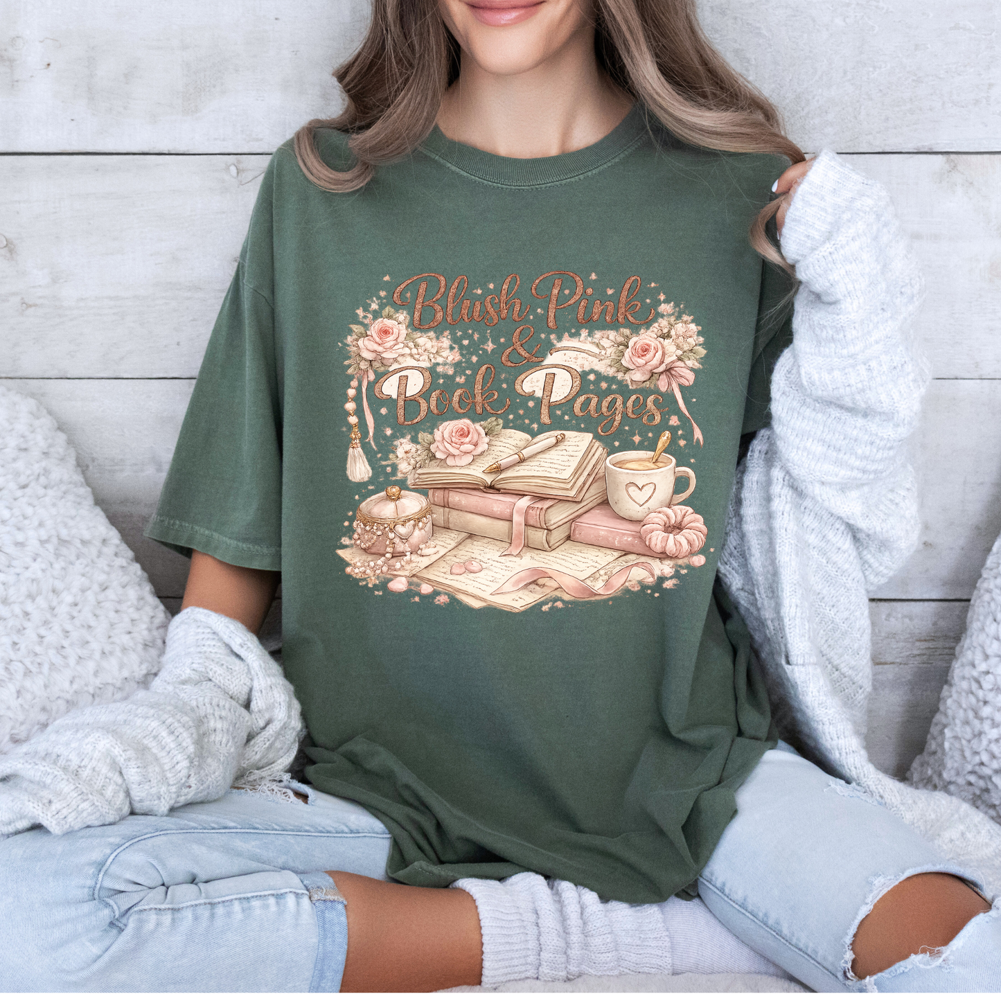 Blush Pink & Book Pages 📚🌸 t-shirt 100% Organic Cotton