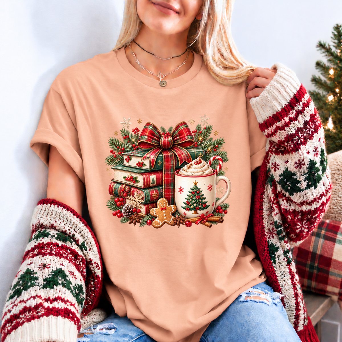 Festive Christmas Book Nook 🎄📚✨ Organic Cotton Christmas T-Shirt
