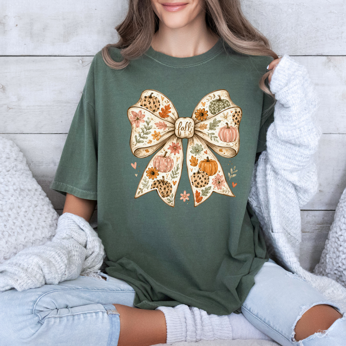 🎃🎀 Pumpkin Bow Fall Cotton T-Shirt 🍂✨