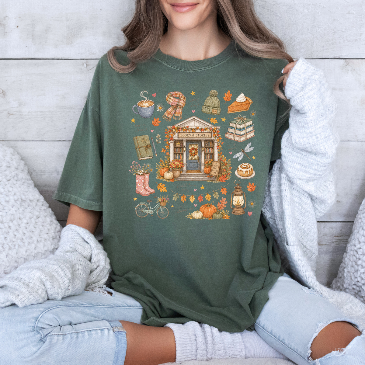 🍂📚 Autumn Bookshop Cotton T-Shirt ☕✨