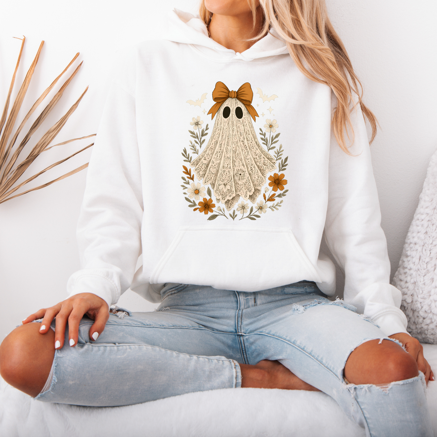 👻🎀 Vintage Lace Ghost Floral Hoodie 🌼🍂🤎