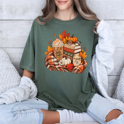 🍂📚 Hello Fall Bookish Cotton T-Shirt ☕✨