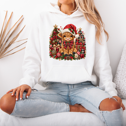 Moo-rry Christmas Highland Cow 🐮🎄  Premium Christmas Hoodie