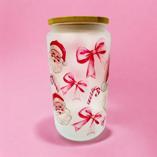 🎅 Vintage Pink Santa 16oz Frosted Glass Cup
