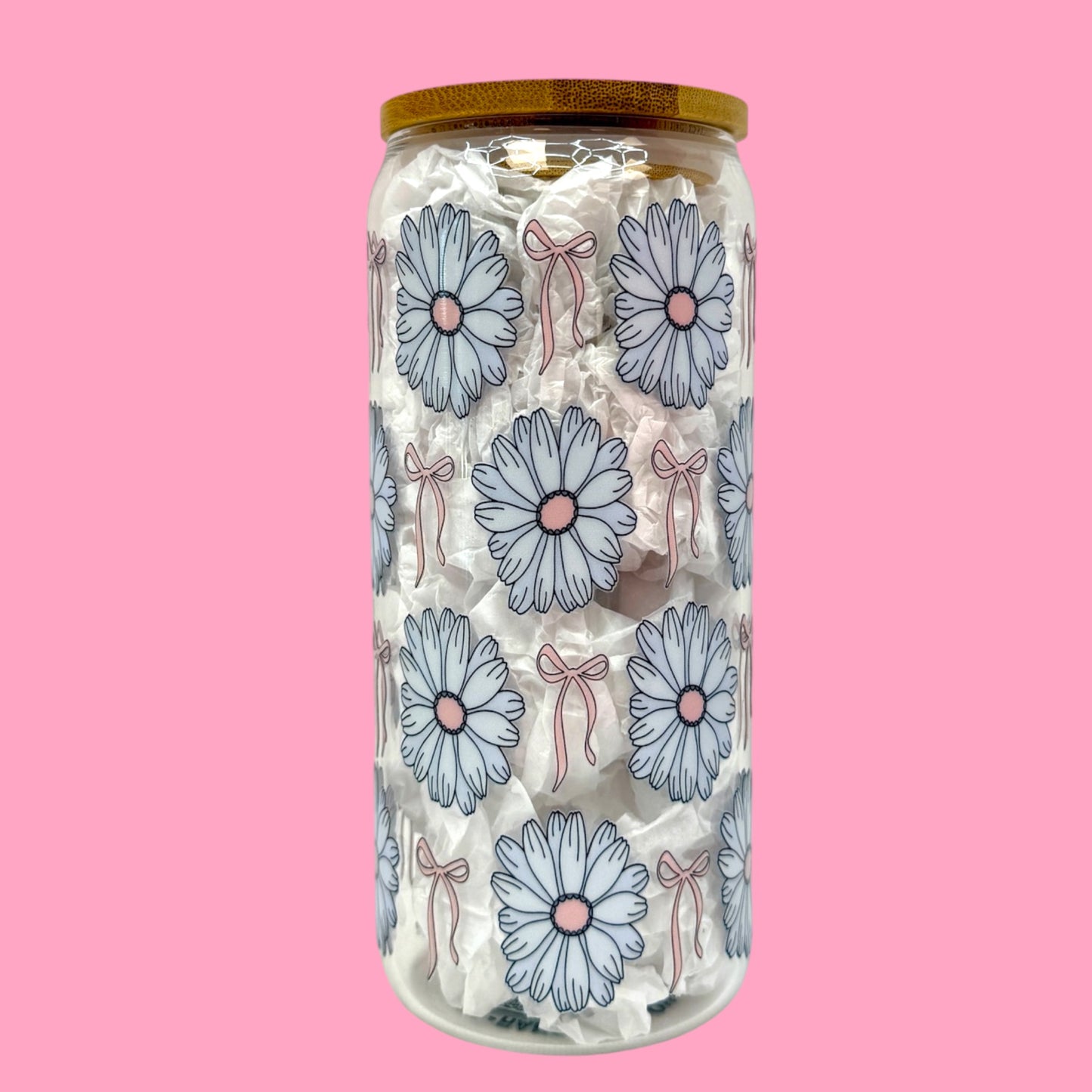 🌸 Daisy Bows 20oz Glass Can Cup 🎀