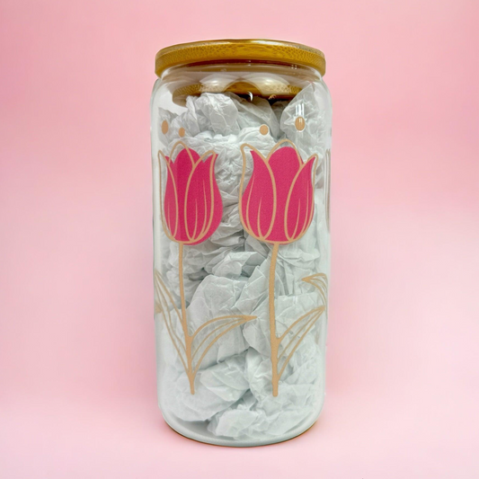Pink Tulips 16oz (455ml) Iced Coffee Glass Cup