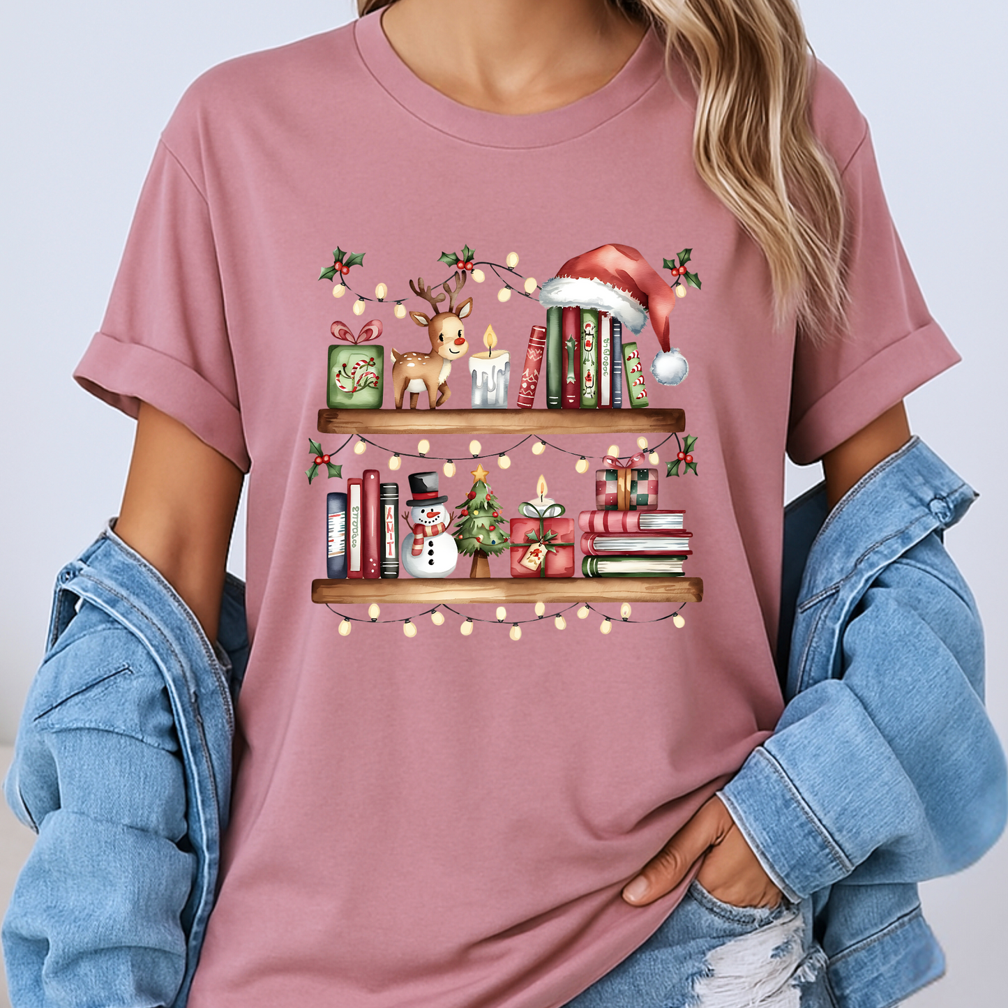 🎄 Cozy Christmas Bookshelf 100% Organic Cotton T-Shirt 📚✨