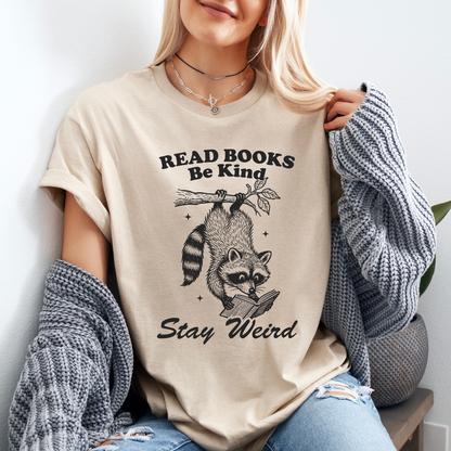 📚✨ “Stay Weird, Read Books” Raccoon Tee – Be Kind & Quirky Vibes 🦝💚