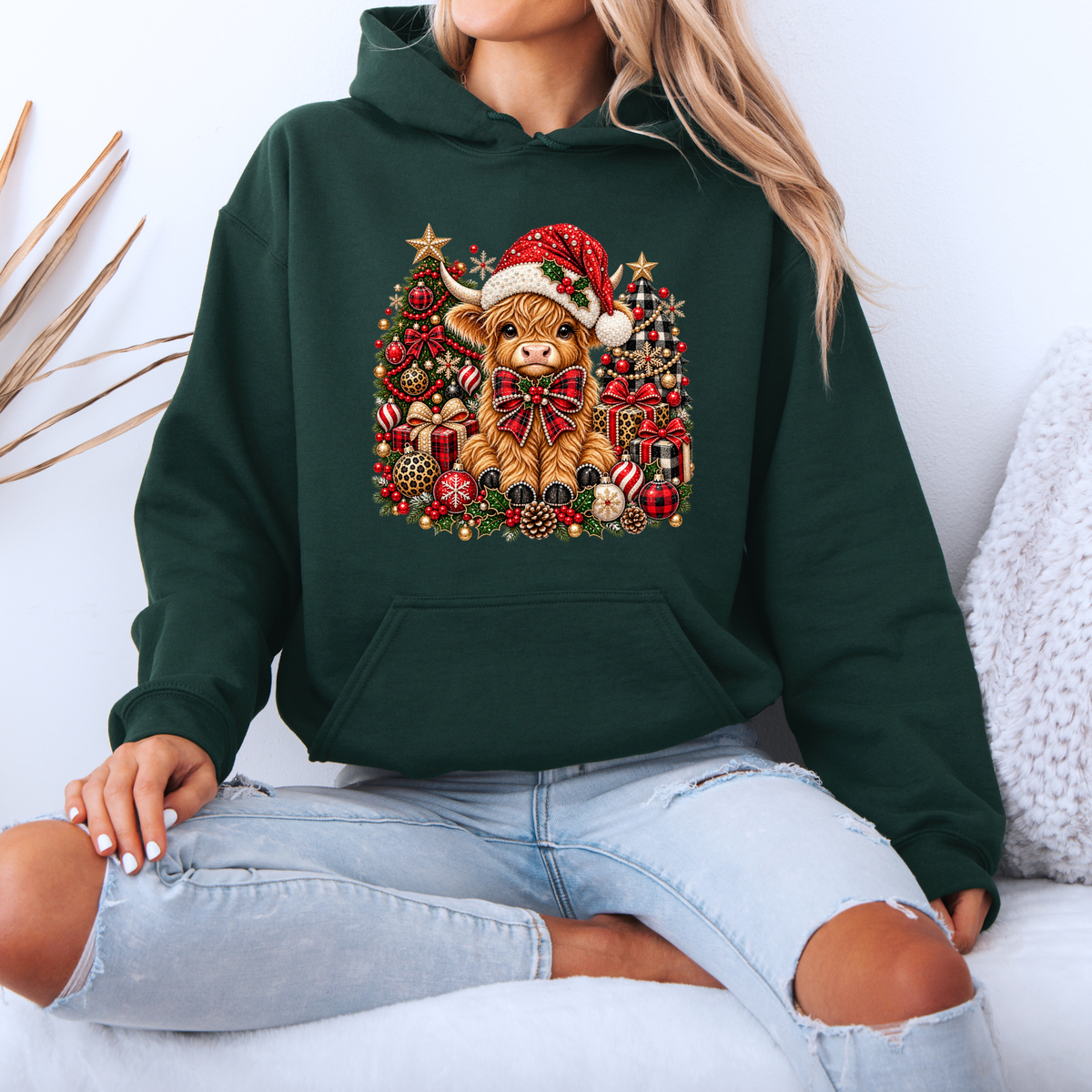 Moo-rry Christmas Highland Cow 🐮🎄  Premium Christmas Hoodie