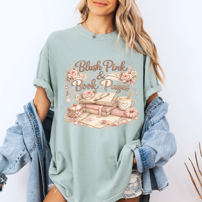 Blush Pink & Book Pages 📚🌸 t-shirt 100% Organic Cotton