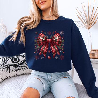 🎀 Cozy Tartan Christmas Bow 🎄🧣  Organic Cotton Sweatshirt
