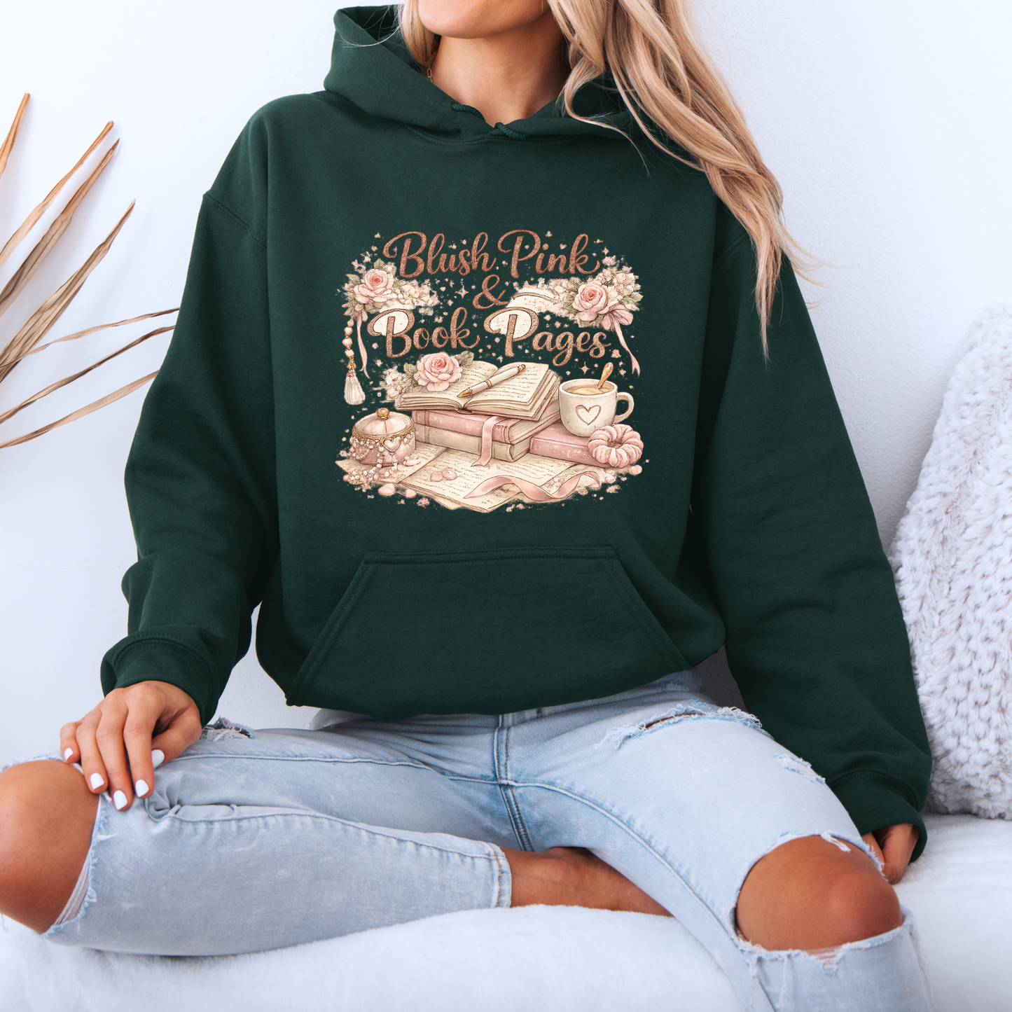 Blush Pink & Book Pages 📚🌸 Luxuriously Thick Hoodie