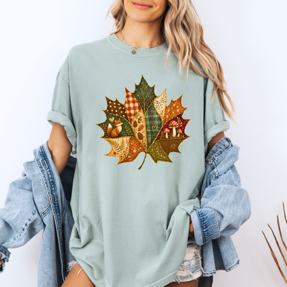 🍂🧵 Patchwork Autumn Leaf Cotton T-Shirt 🍁✨
