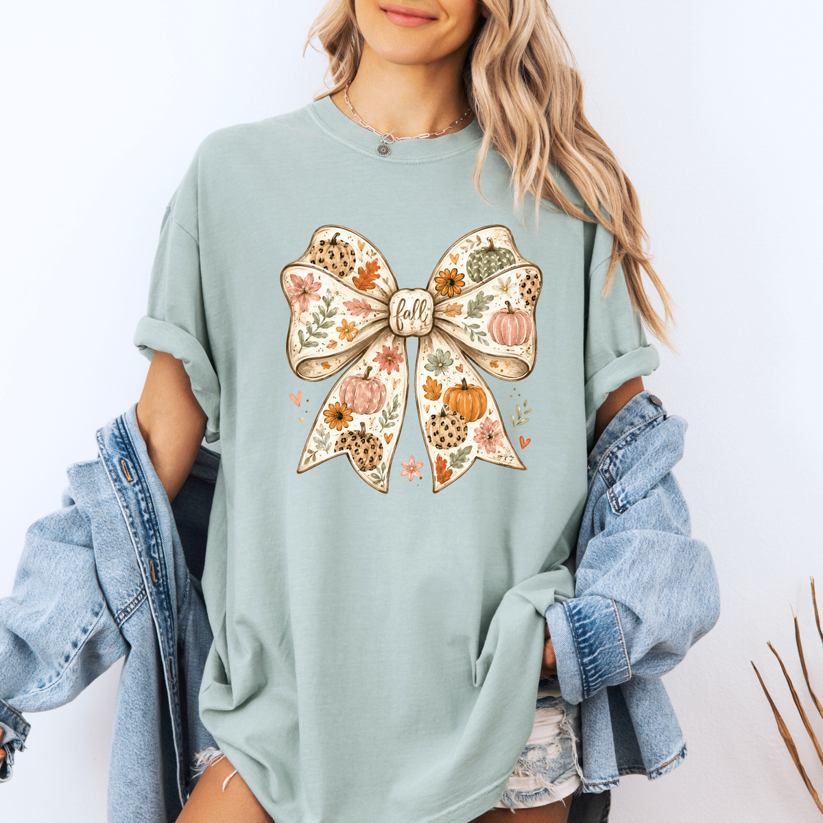 🎃🎀 Pumpkin Bow Fall Cotton T-Shirt 🍂✨