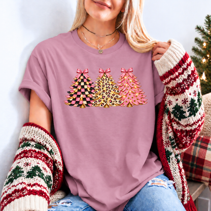 Pink, Wild & Bow-tiful Christmas Trees 🎀🎄✨ Organic Cotton Christmas T-Shirt