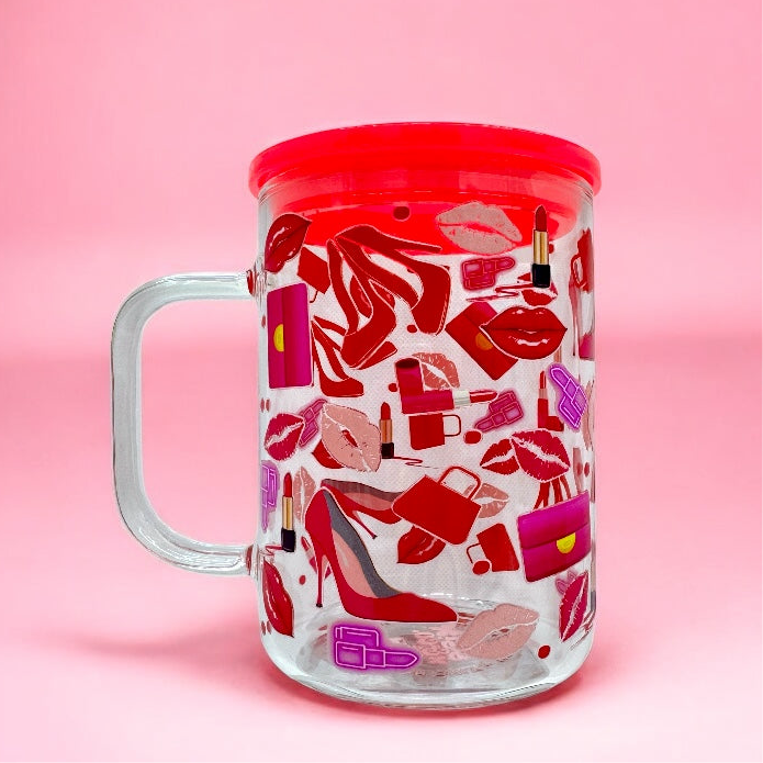 Glam Girl 16oz Glass Mug 💄👠💋 | Double-Sided Beauty Stickers + Lid & Straw