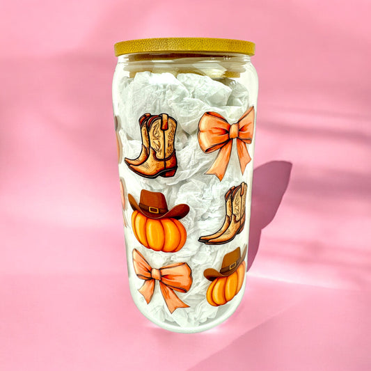 🤠🎃 Western Autumn 16oz Glass Can with Bamboo Lid & Straw 🍂✨