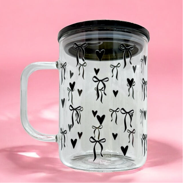 Black Bow & Heart Glass Mug – 16oz with Lid & Straw 🖤🎀✨