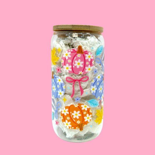 🍂 Floral Pumpkin Patch Glass Cup – 16oz 🎃🌸