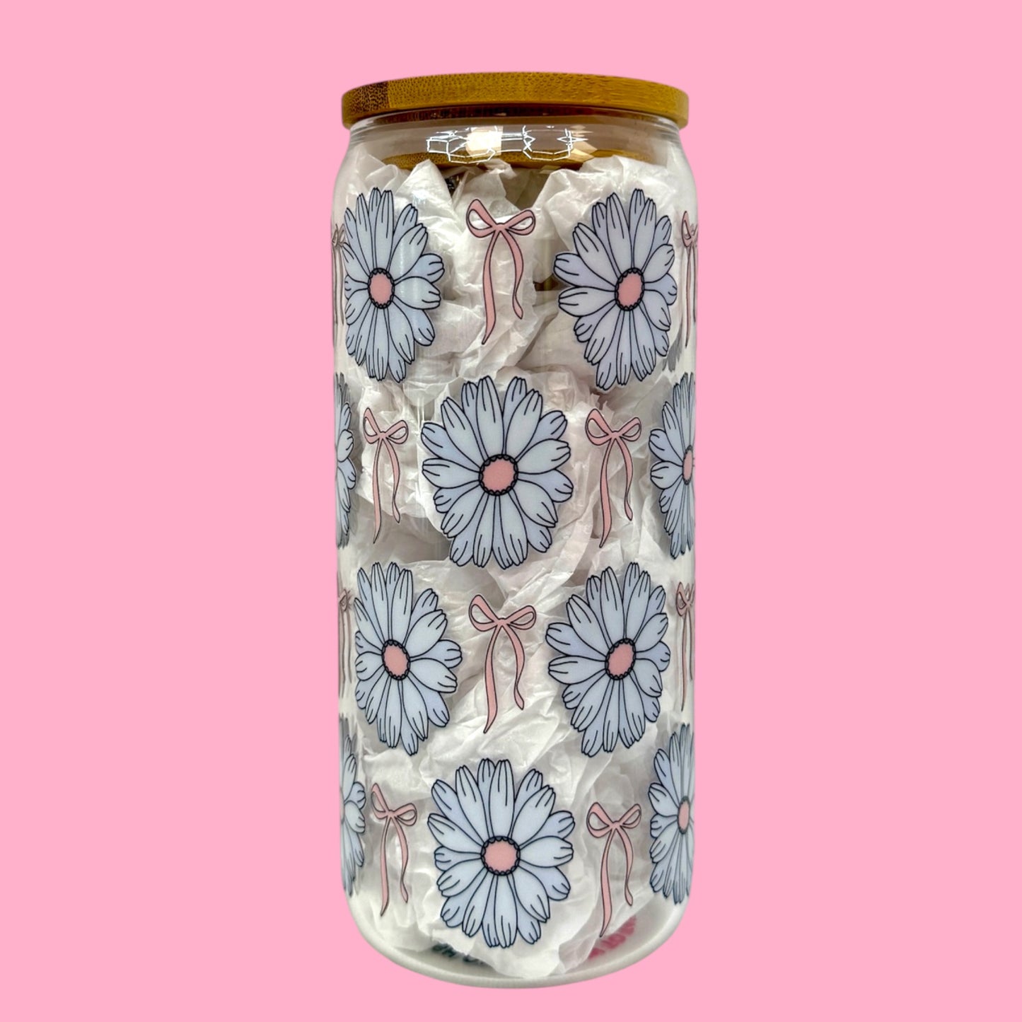 🌸 Daisy Bows 20oz Glass Can Cup 🎀
