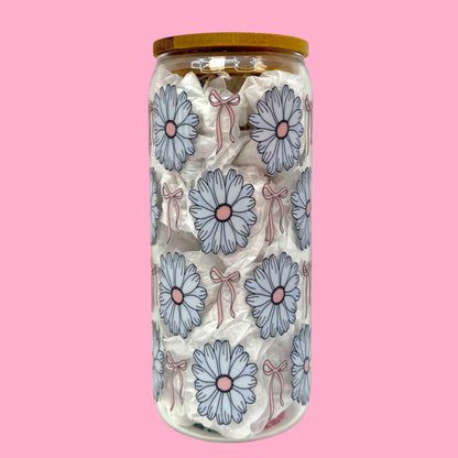 🌸 Daisy Bows 20oz Glass Can Cup 🎀