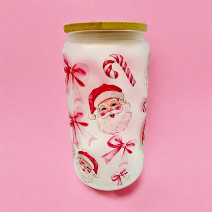 🎅 Vintage Pink Santa 16oz Frosted Glass Cup